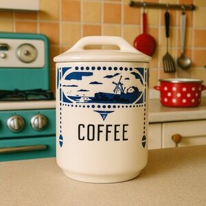 Vintage‎ Czechoslovakia Blue Windmill Coffee Canister Ceramic Kitchen Jar